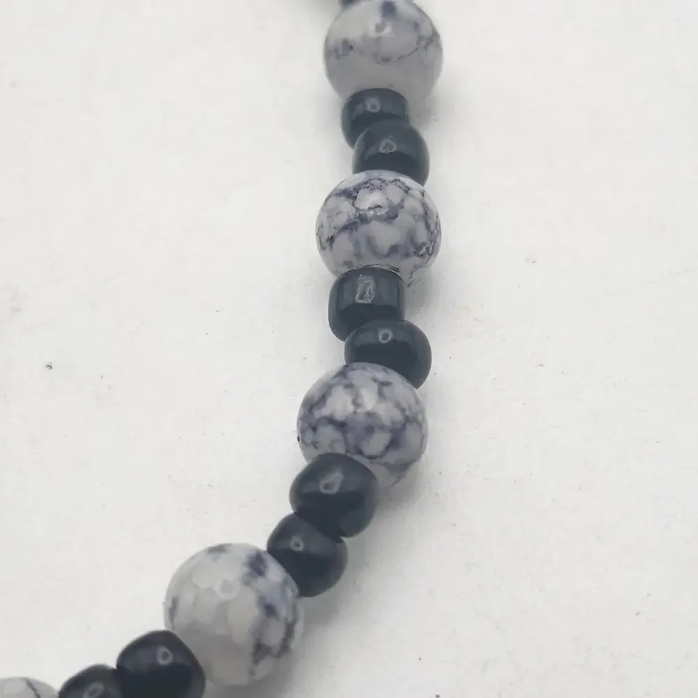 Black White Marbled Bead Bracelet Screw Clasp Costume Jewelry Unisex 6.5 Inch